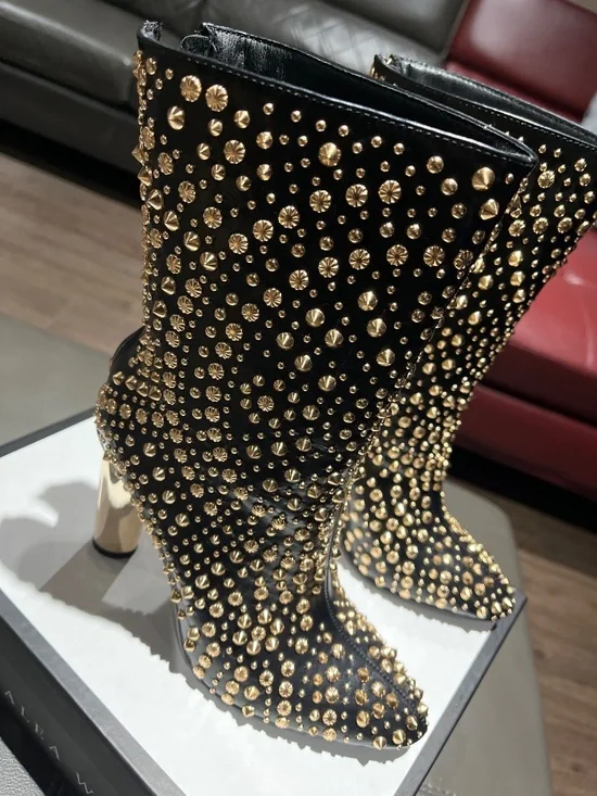 AKIRA AZALEA WANG GREHGAN BLACK EMBELLISHED CHUNKY HEEL BOOTIE Size 88 - Picture 2 of 4